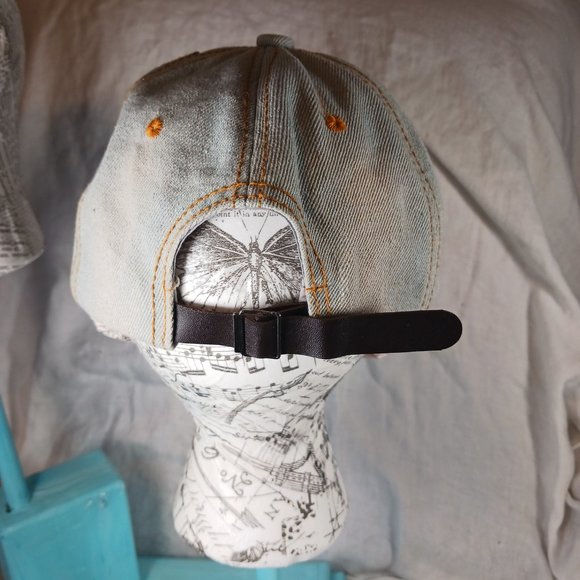 Natalie Mills Flora Rhinestone Baseball Cap Women's Hat Gray Distressed Denim - Picture 7 of 12